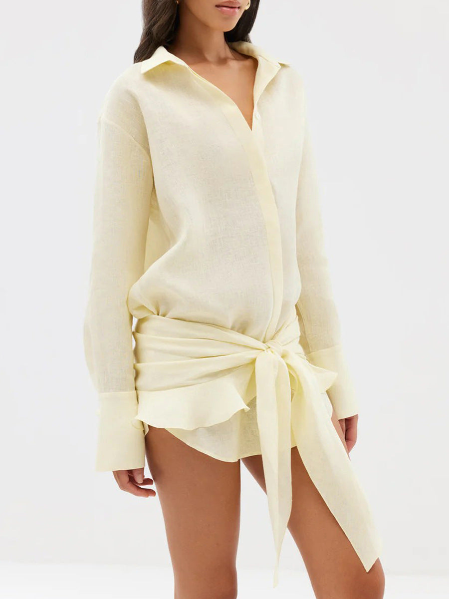 Tie-Front Cotton Mini Shirt Dress in Butter Yellow — side view, studio