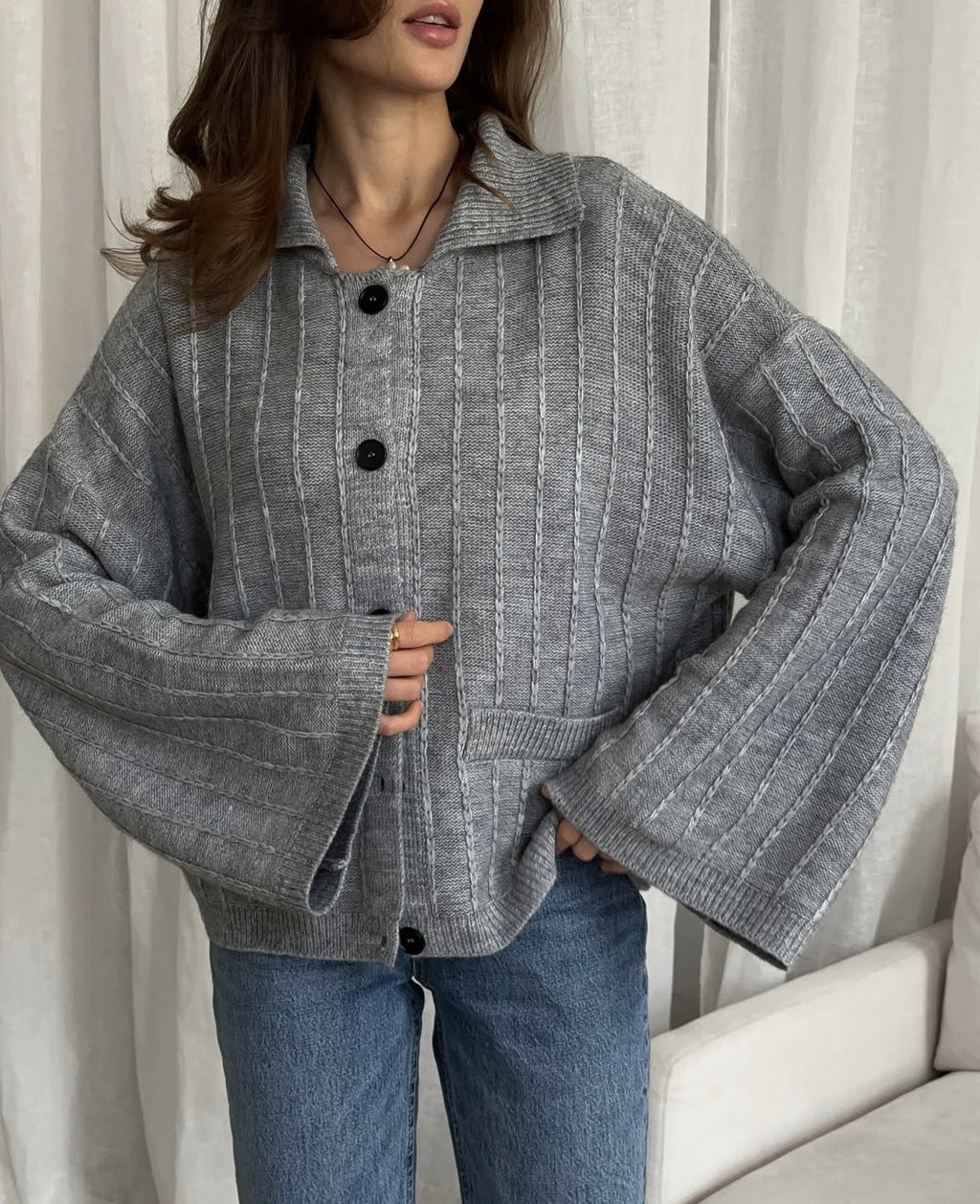 Oversized Collared Button Cardigan with Bell Sleeves in Heather Gray — close-up of the ribbed knit and buttons