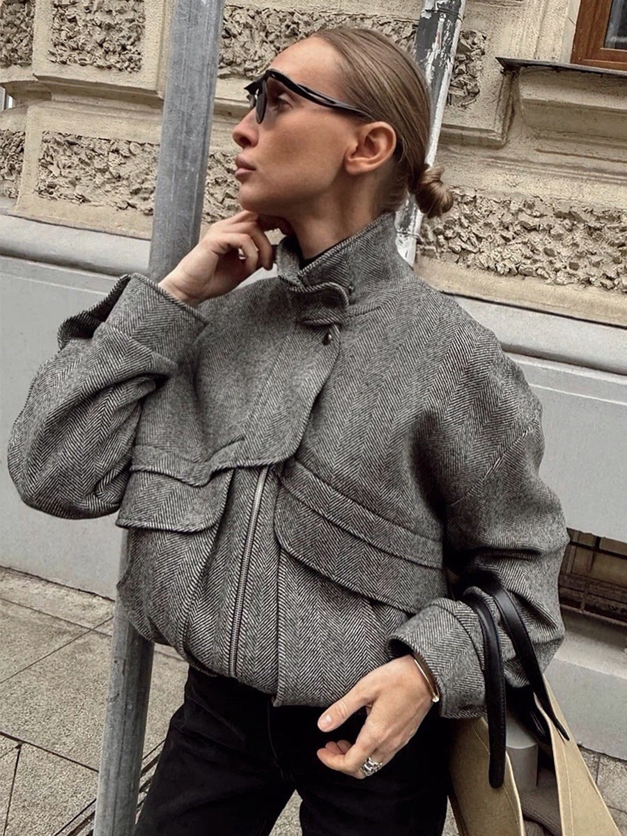 Herringbone Wool-Blend Cropped Jacket with Stand Collar in Charcoal Herringbone — on model, street style
