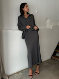 Oversized Collared V-Neck Sweater & Knit Maxi Skirt Set in Charcoal — full-length front view on model