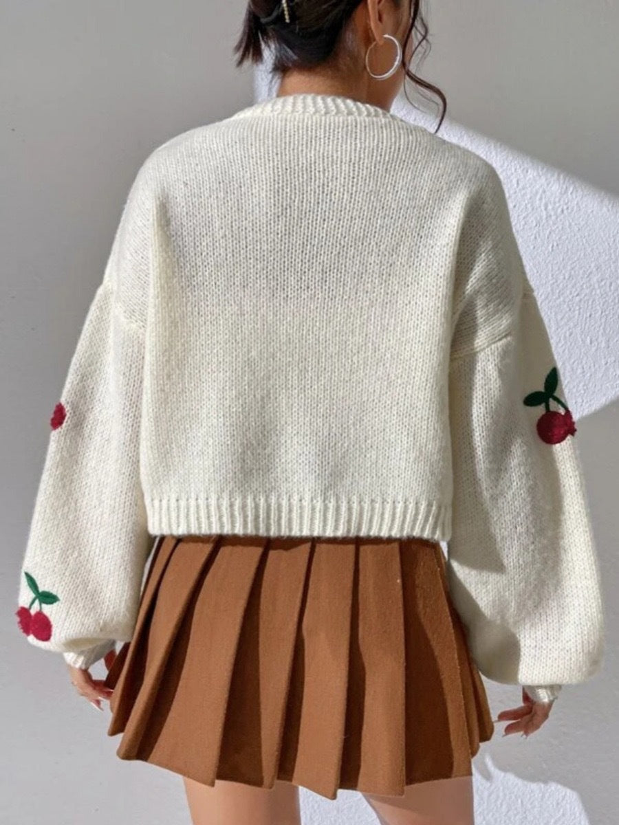 Cherry Embroidered Open-Front Knit Cardigan in Ivory — back view on model