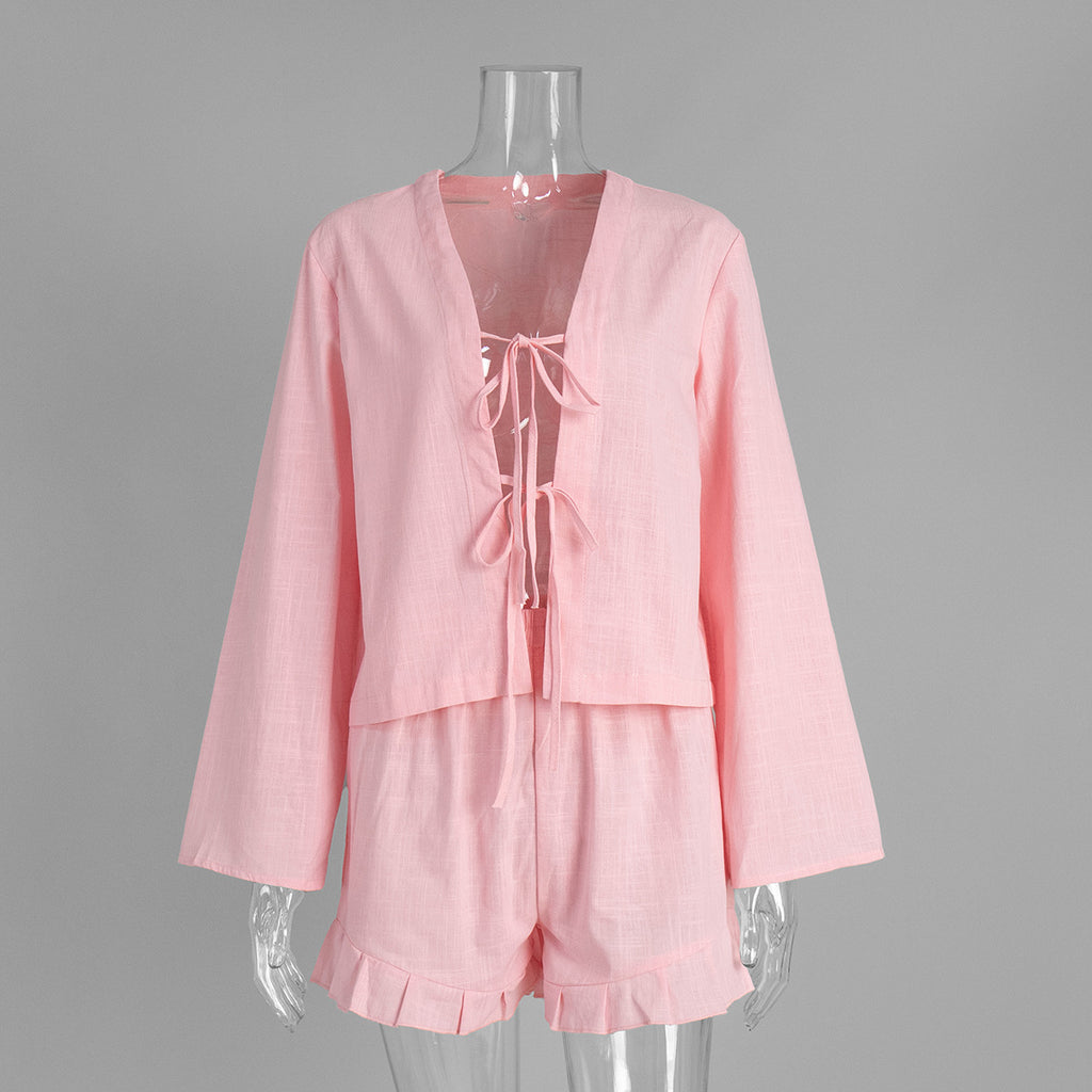 Cotton Tie-Front Top & Ruffle Shorts Set in Pink — set front view on mannequin