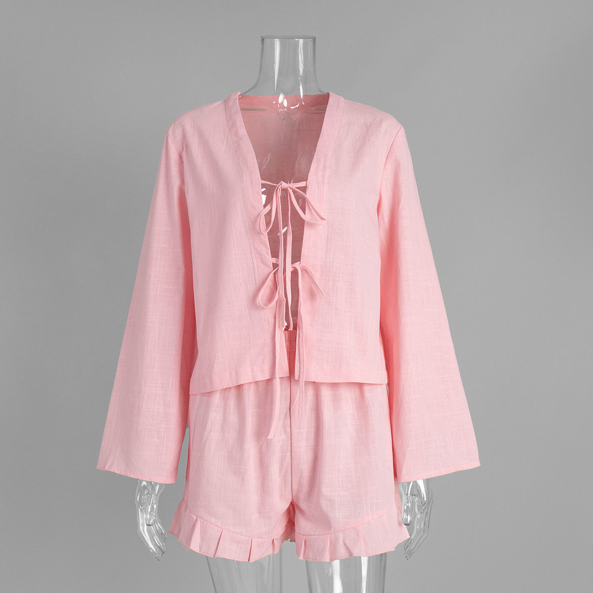 Cotton Tie-Front Top & Ruffle Shorts Set in Pink — set front view on mannequin
