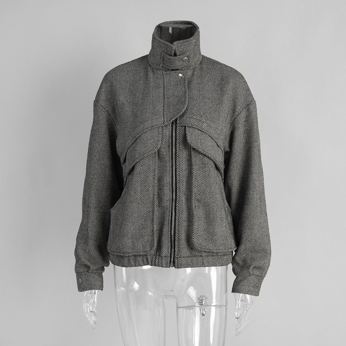 Herringbone Wool-Blend Cropped Jacket with Stand Collar in Charcoal Herringbone — front view on mannequin