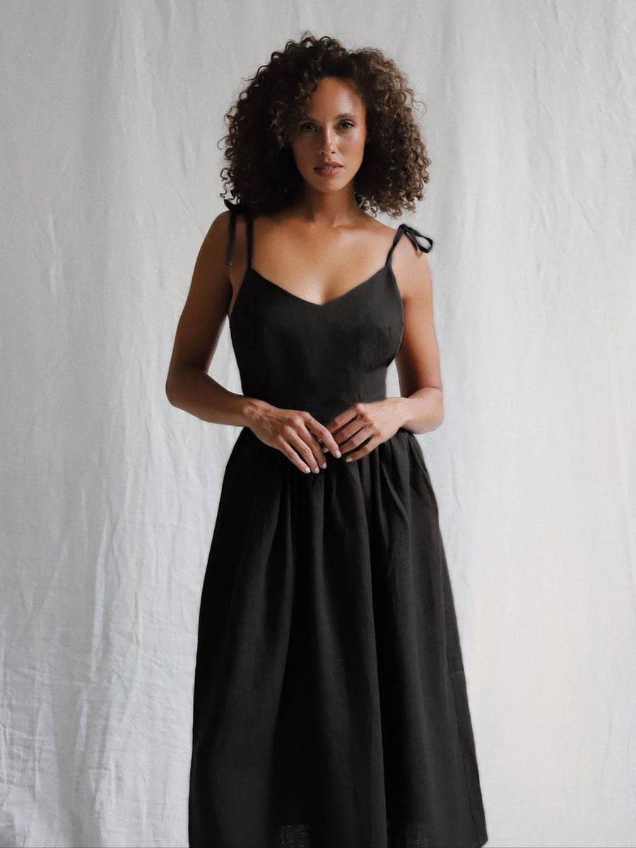 Tie-Shoulder Open-Back Cotton Maxi Dress in Black — on model