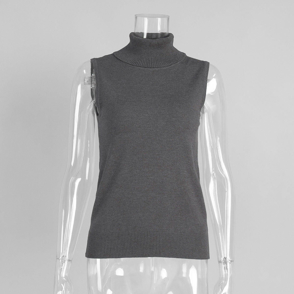 Sleeveless Turtleneck Knit Top & Cardigan Twin Set in Charcoal (Top Only) — front view