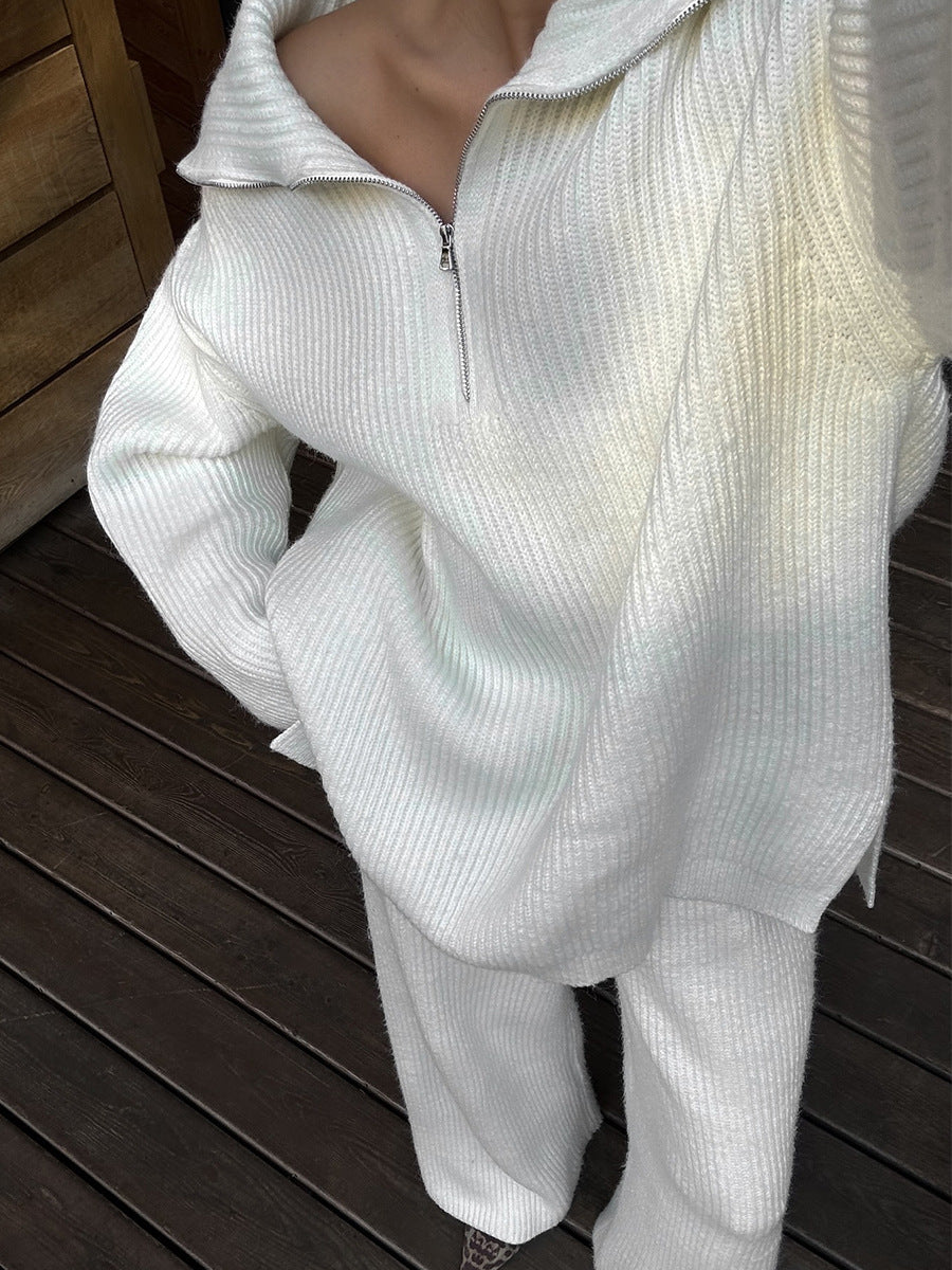 Half-Zip Polo Knit Sweater & Wide-Leg Pants Set in Ivory — close-up on model