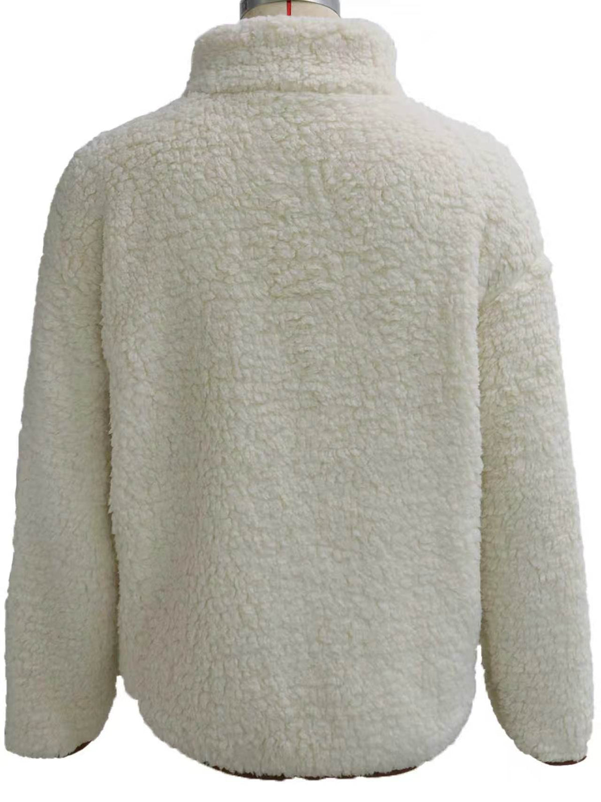 Teddy Fleece Zip-Up Jacket with Contrast Pockets in Ivory — back view on mannequin
