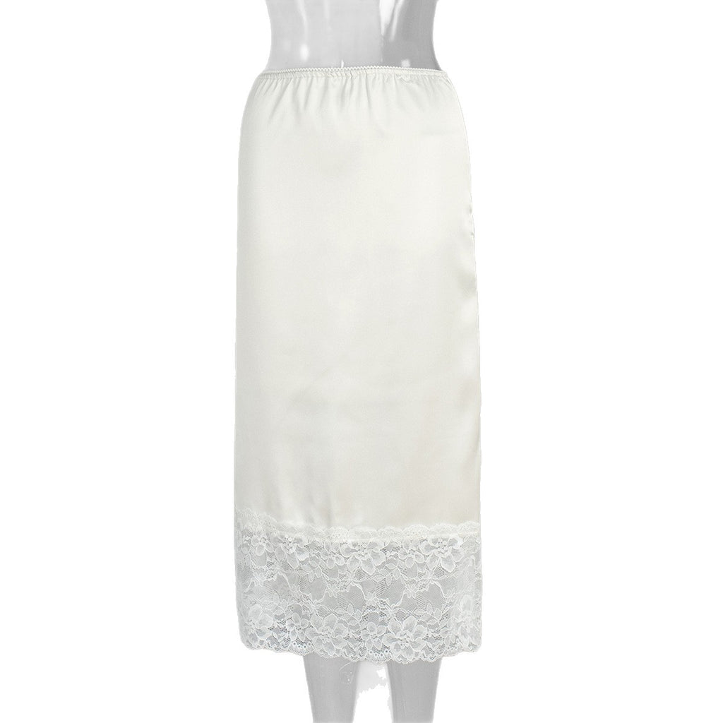 Satin Midi Skirt with Lace Hem in Ivory — front view on mannequin