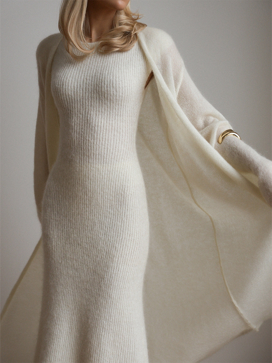Airy Knit Long Cardigan & Sleeveless Maxi Dress Set in Ivory — close-up of the dress and cardigan on model