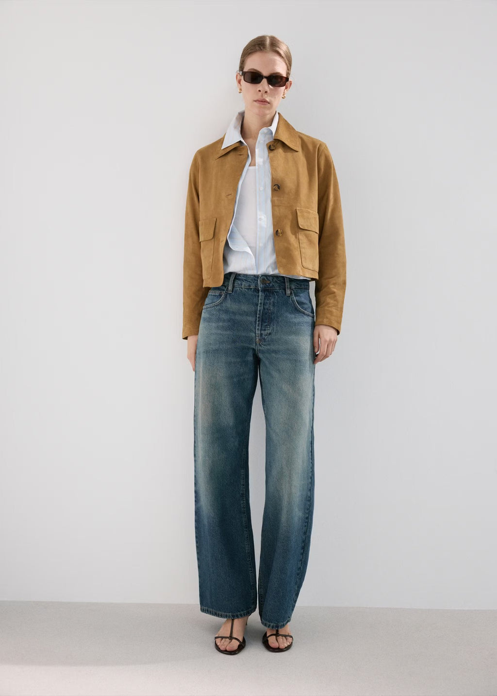 Cropped Faux Suede Jacket with Patch Pockets in Camel — full-length view on model
