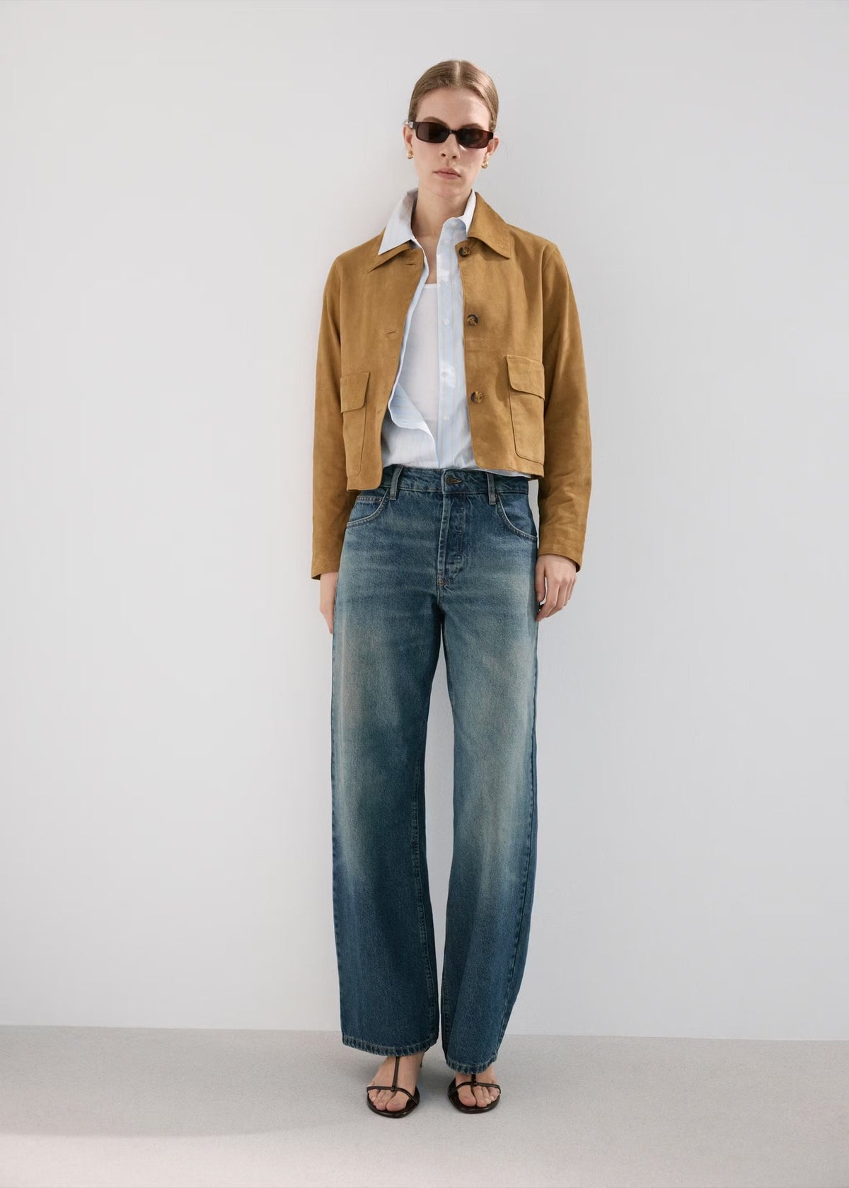 Cropped Faux Suede Jacket with Patch Pockets in Camel — full-length view on model