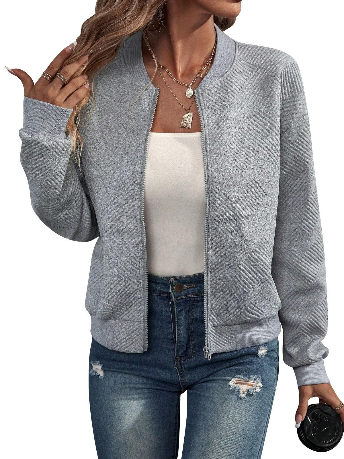 Textured Knit Zip-Up Jacket in Heather Gray — front view on model