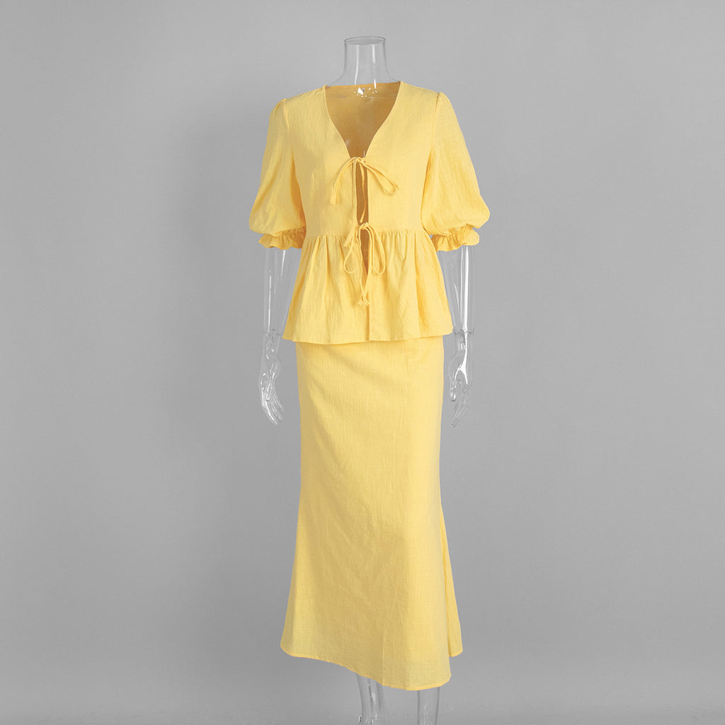 Tie-Front Puff-Sleeve Top & Maxi Skirt Set in Butter Yellow — front view on mannequin