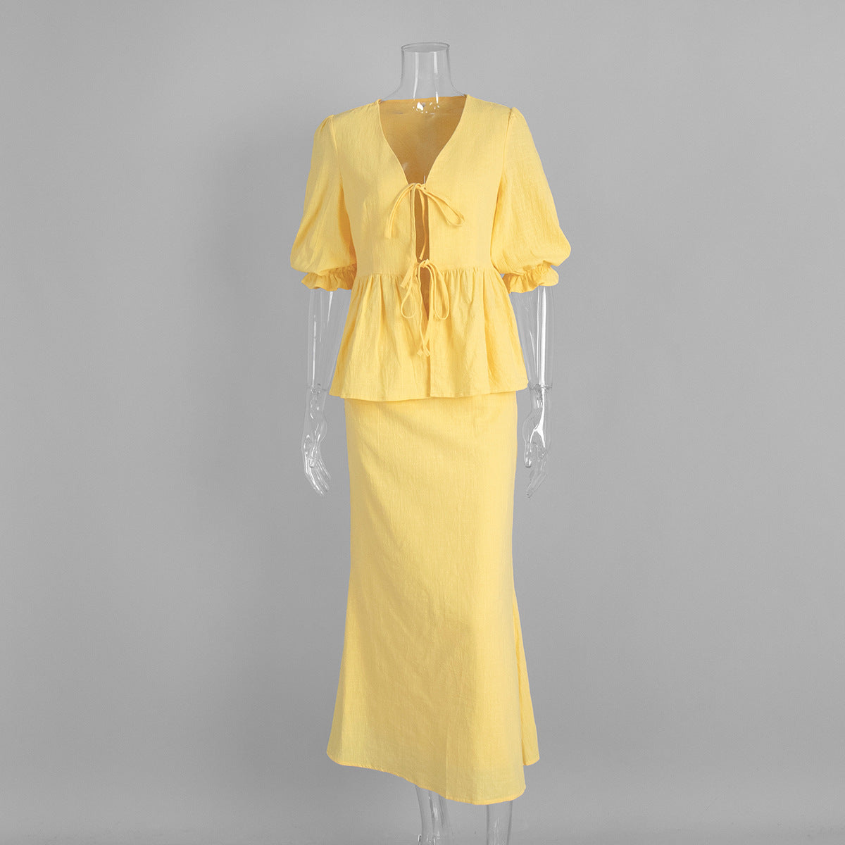 Tie-Front Puff-Sleeve Top & Maxi Skirt Set in Butter Yellow — front view on mannequin