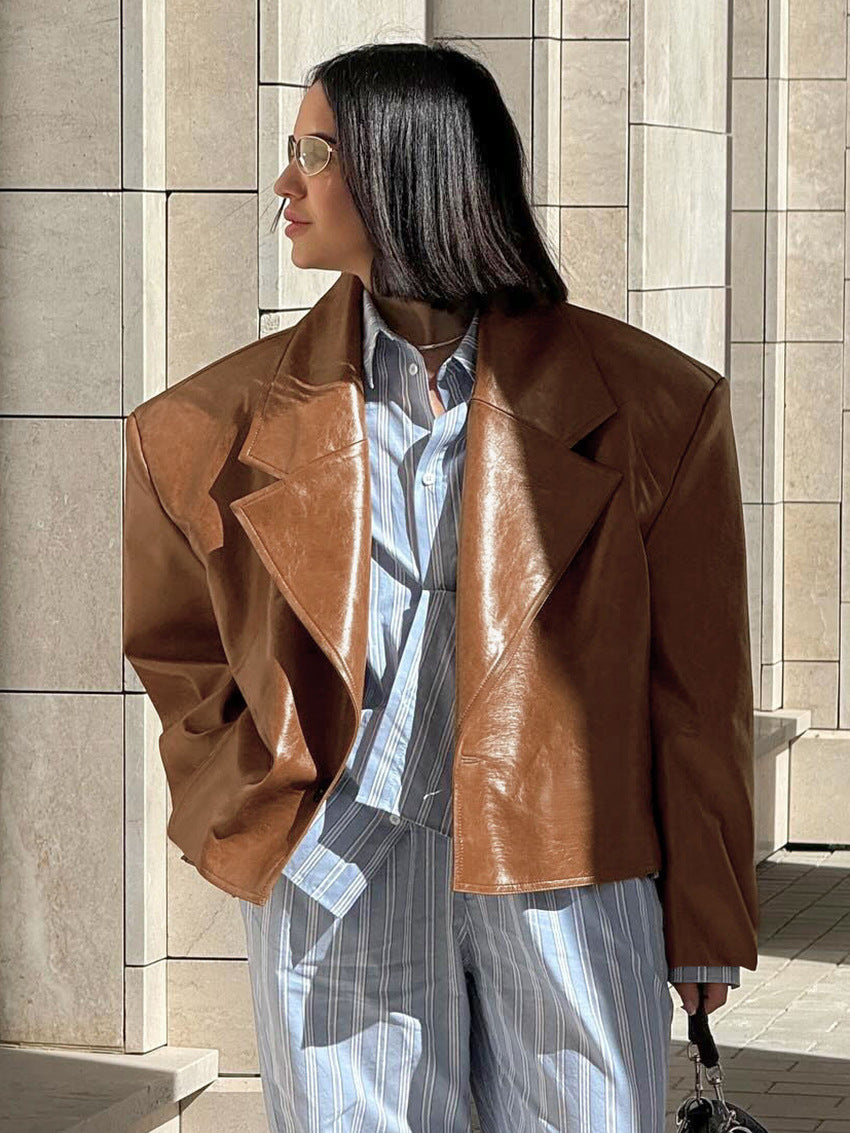 Faux Leather Blazer Jacket with Padded Shoulders in Cognac — on model with matching trousers