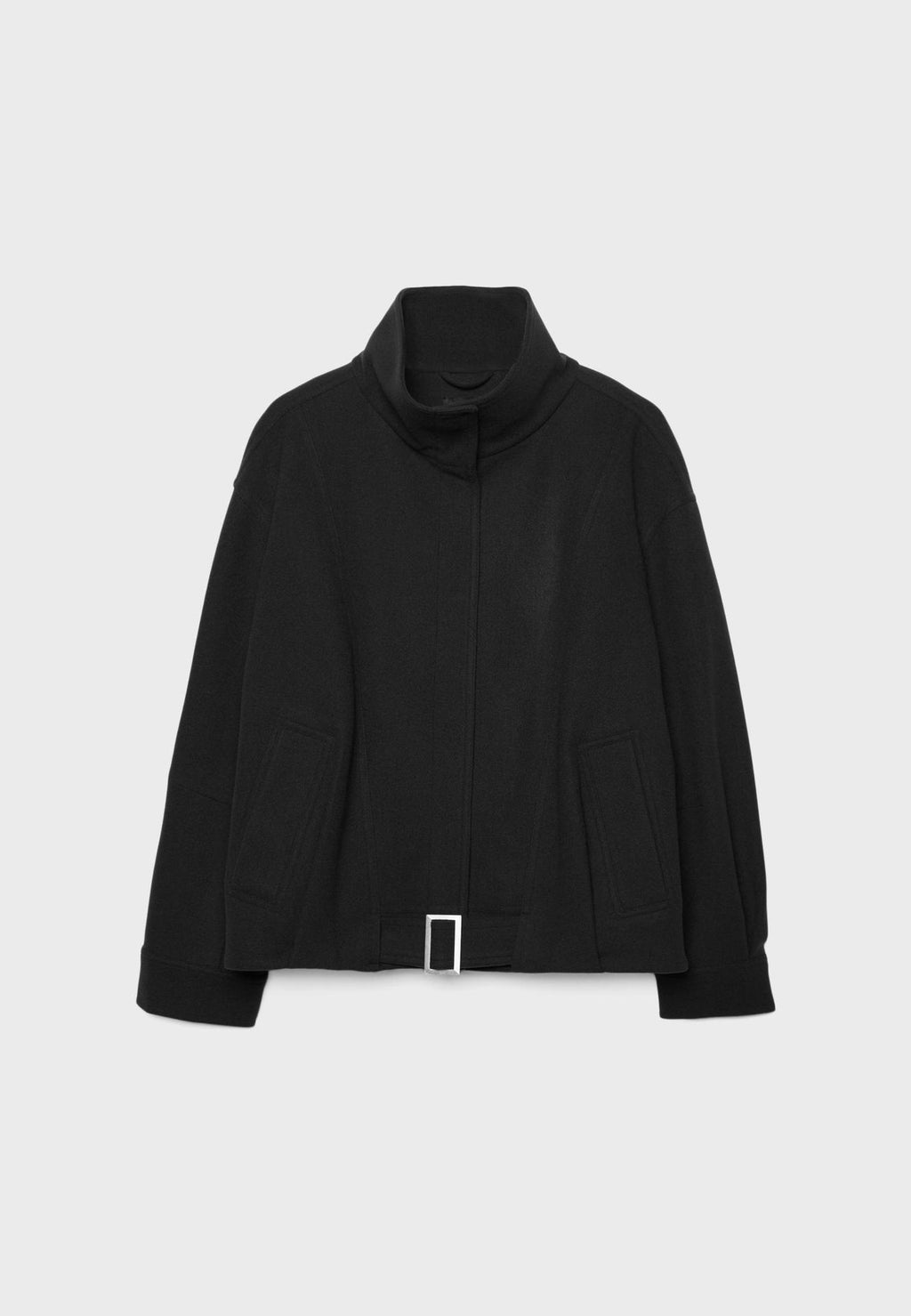 Funnel Neck Wool-Look Jacket with Buckle Hem Strap in Black — laid flat, front view