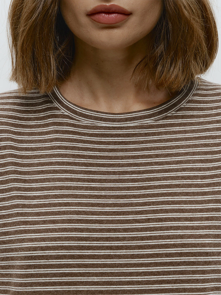 Striped Cotton Crew Neck Long Sleeve Tee in Mocha Stripe — close-up of the crew neck and stripes