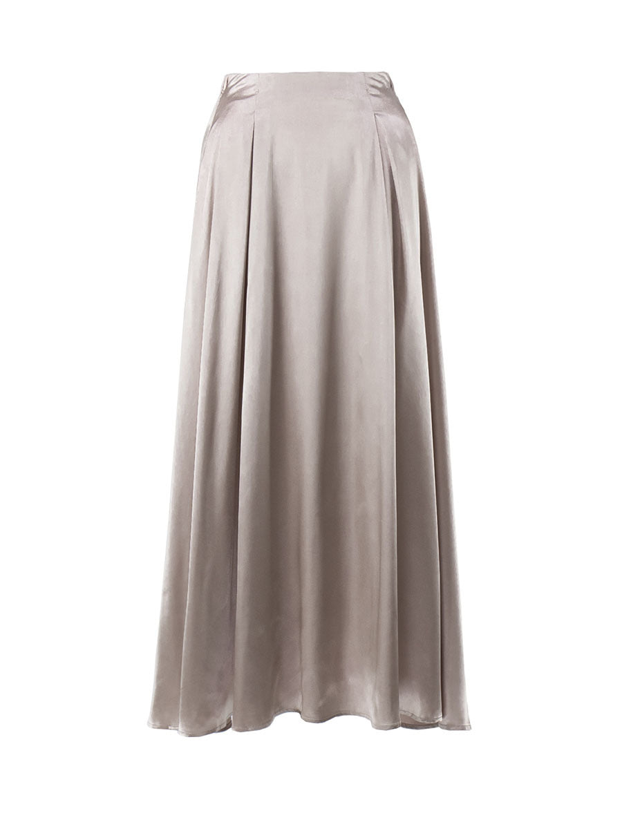 Satin A-Line Midi Skirt with Elastic Waist in Champagne — flat view