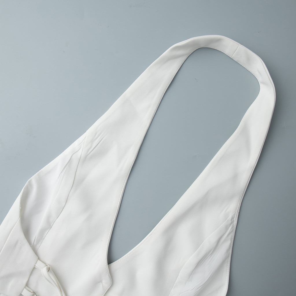 Open-Back Halter Crop Vest in White — close-up of the fabric
