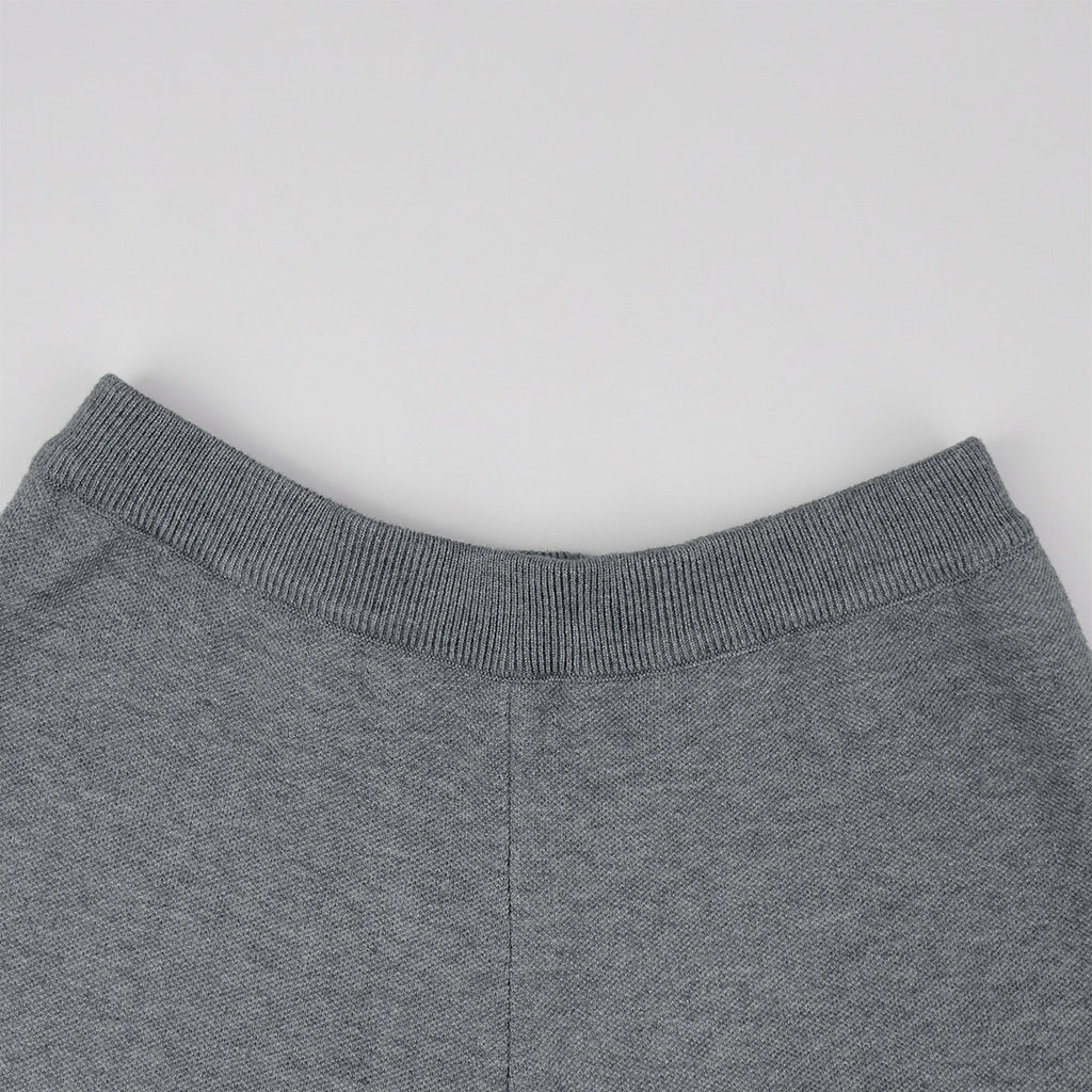 Crew Neck Button Cardigan & Straight-Leg Knit Pants Set in Heather Gray — close-up of the pants waistband