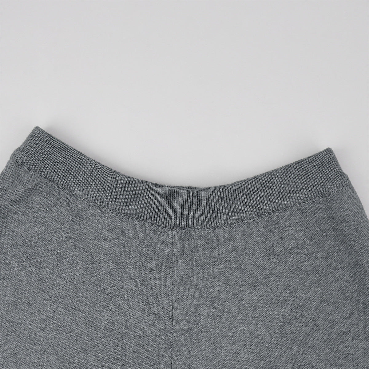 Crew Neck Button Cardigan & Straight-Leg Knit Pants Set in Heather Gray — close-up of the pants waistband