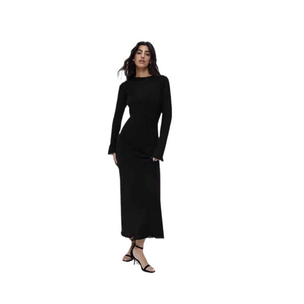 Sheer Long-Sleeve Knit Maxi Dress in Black — Front view on model; outer knit dress only, inner slip not included