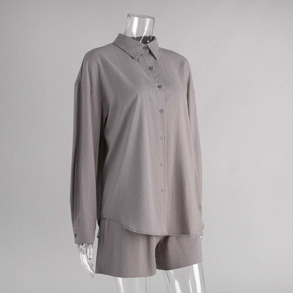Oversized Cotton Shirt & Elastic-Waist Shorts Set in Taupe — set on mannequin, back