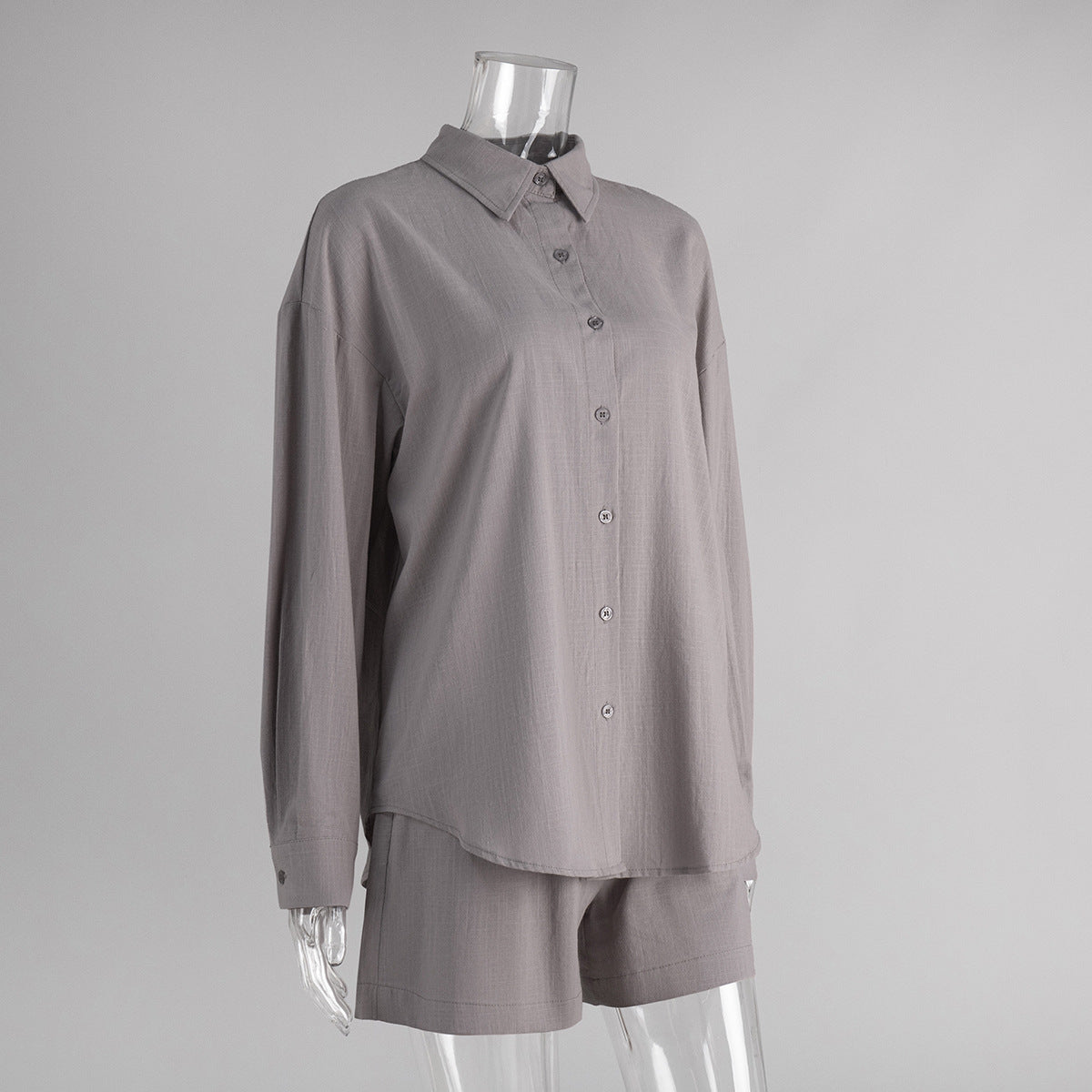Oversized Cotton Shirt & Elastic-Waist Shorts Set in Taupe — set on mannequin, back