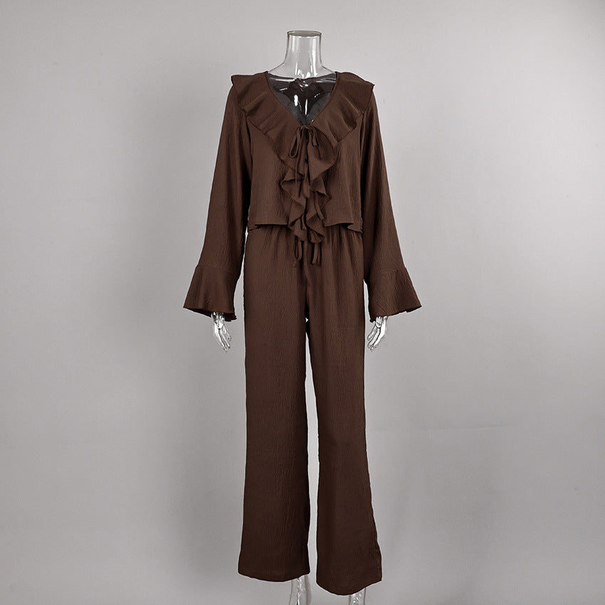 Ruffle Tie-Front Blouse and Wide-Leg Pants Set in Chocolate — front view on mannequin