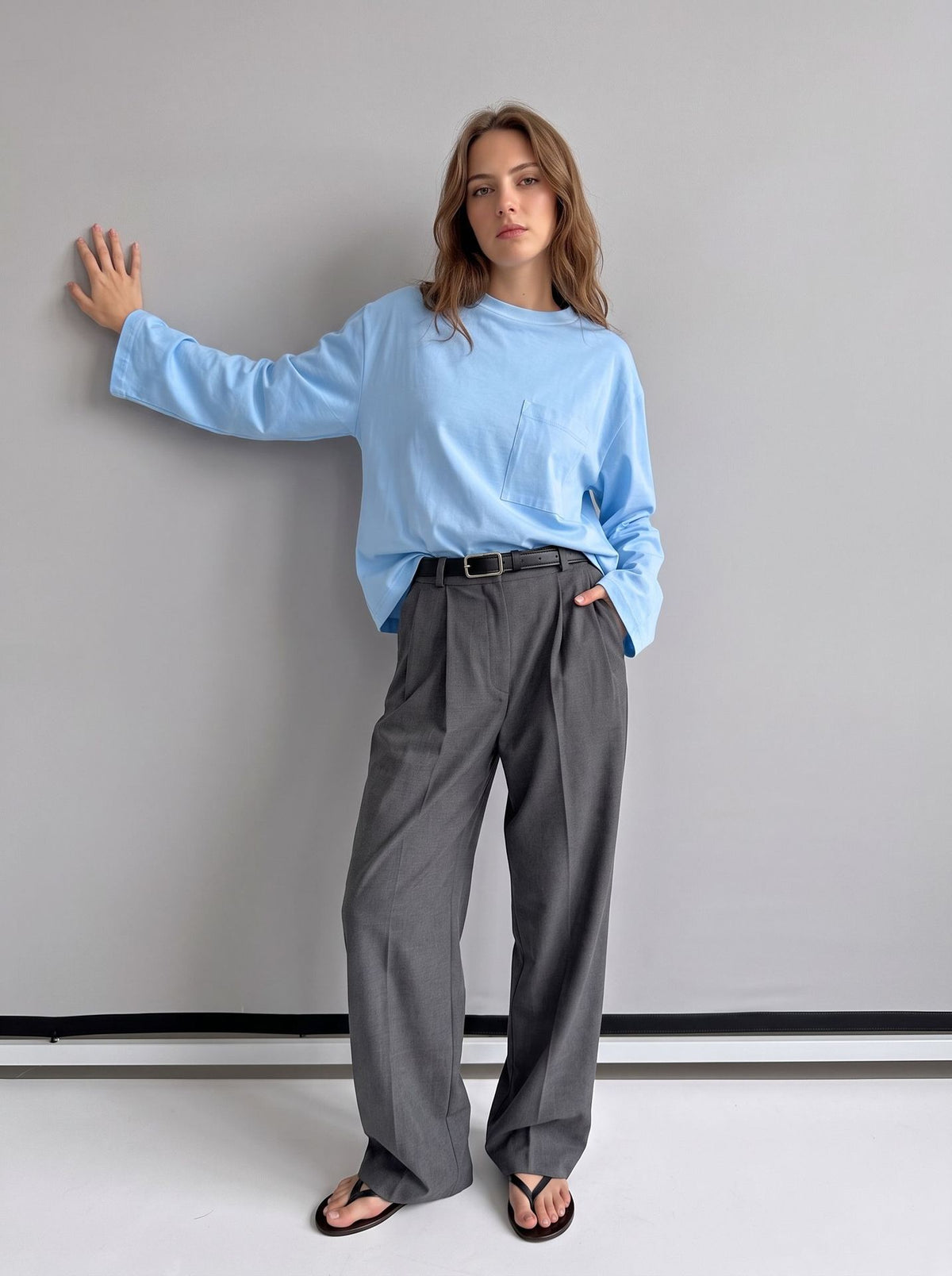 Relaxed Cotton Long-Sleeve Pocket Tee in Sky Blue — full-length view on model