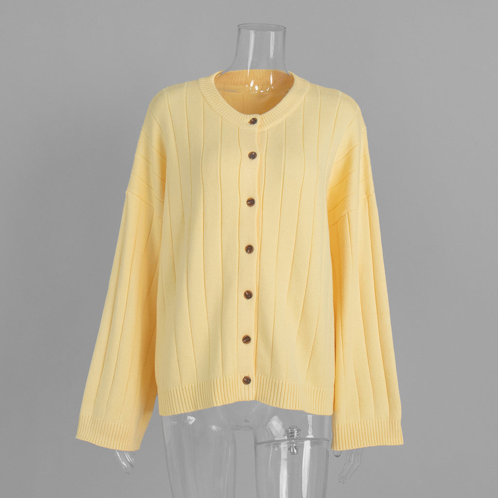 Oversized Wide-Rib Crew Neck Button Cardigan in Butter Yellow — cardigan front view