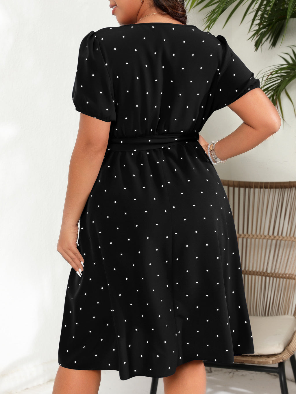 Plus-Size Polka Dot Square-Neck Midi Dress with Tie Waist in Black — back view on model