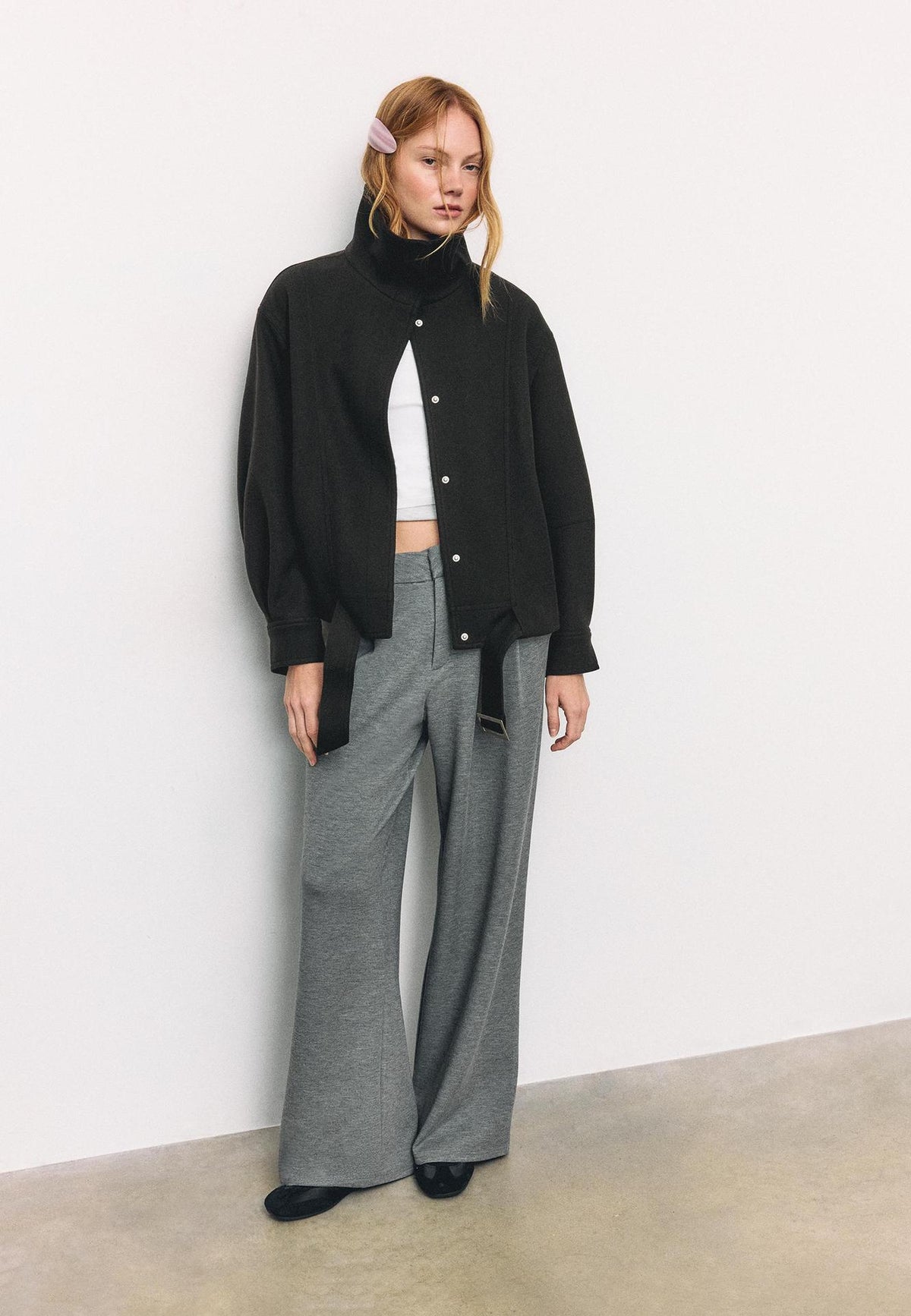 Funnel Neck Wool-Look Jacket with Buckle Hem Strap in Black — full-length view on model
