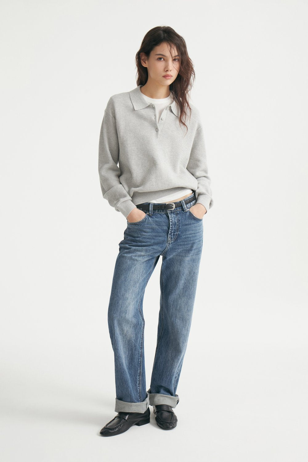 Relaxed Polo Collar Knit Sweater in Light Heather Gray — full-length front view on model