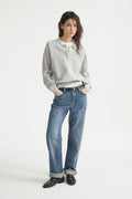 Relaxed Polo Collar Knit Sweater in Light Heather Gray — full-length front view on model