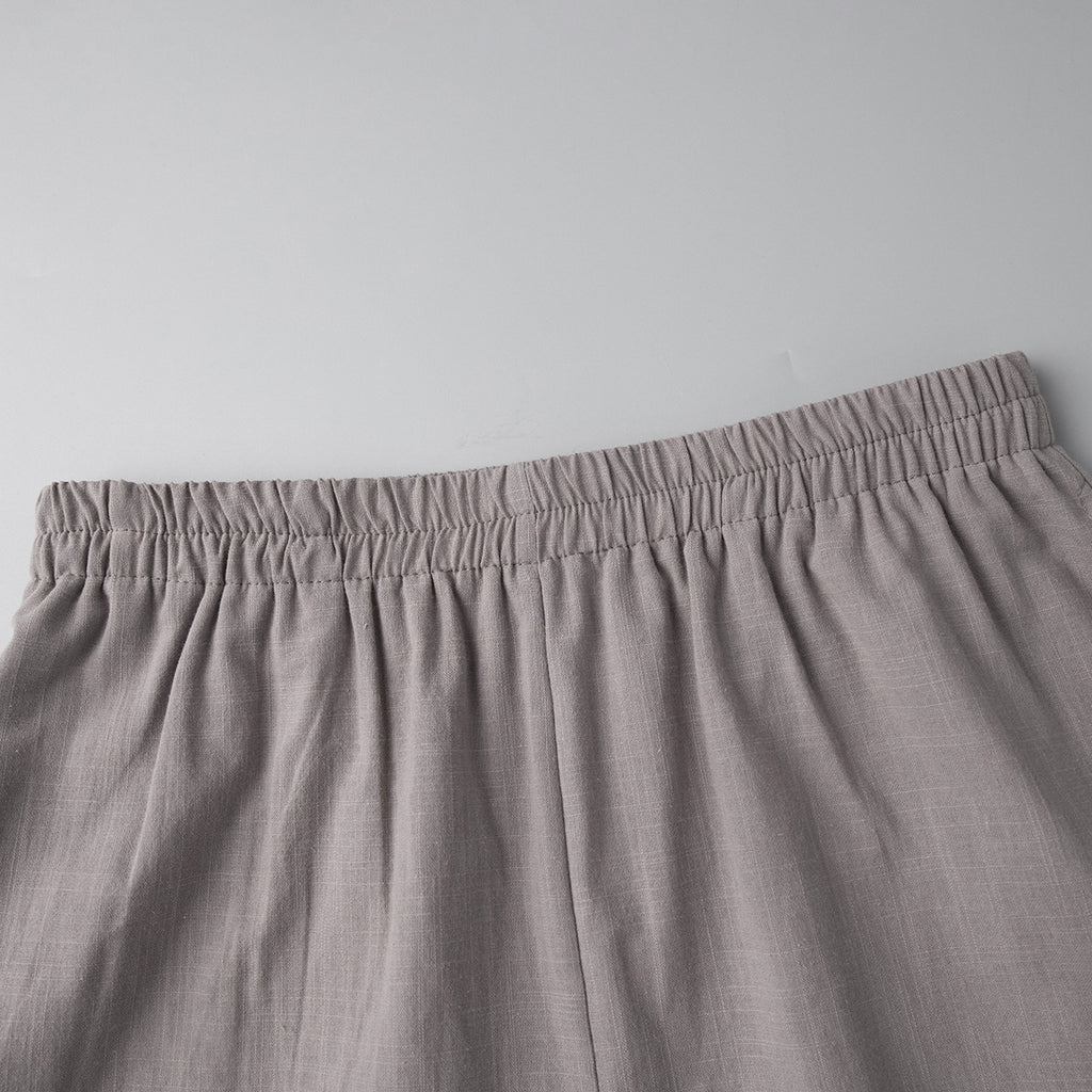 Oversized Cotton Shirt & Elastic-Waist Shorts Set in Taupe — close-up of the elastic waistband