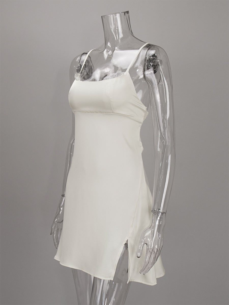 Satin Lace-Trim Mini Slip Dress with Tie Back in Ivory — side view on mannequin