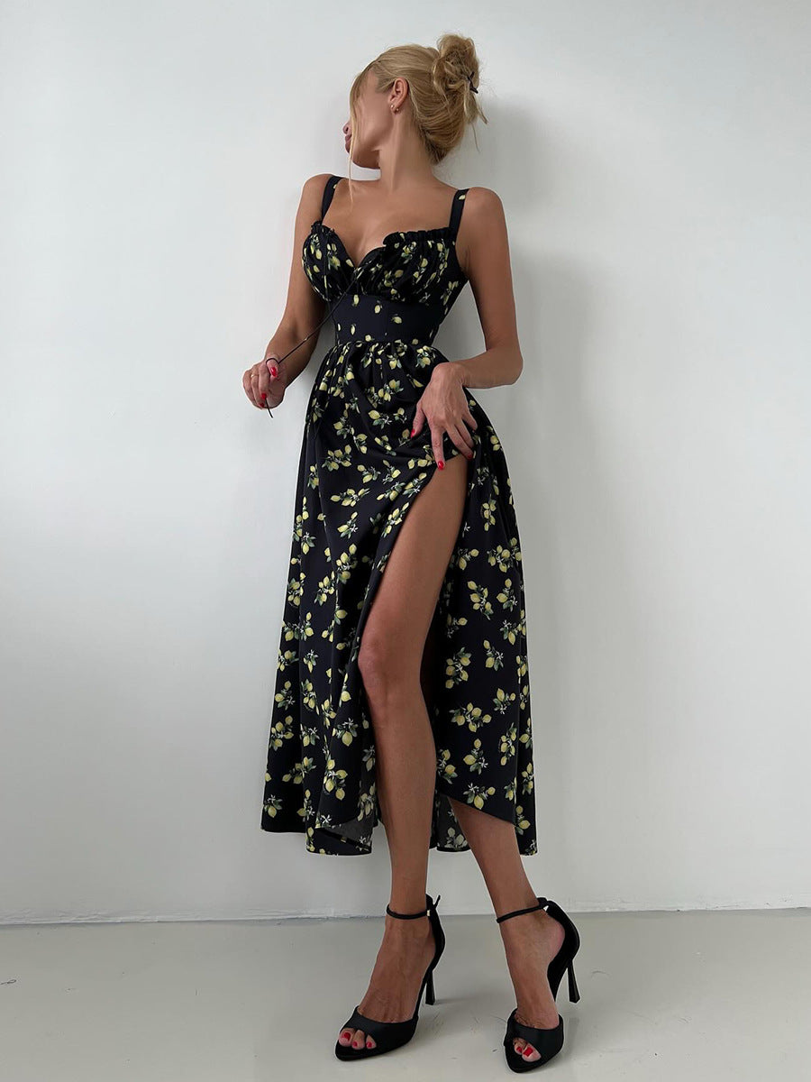 Printed Tie-Strap Maxi Dress with Side Slit in Black Floral — side view showing the slit