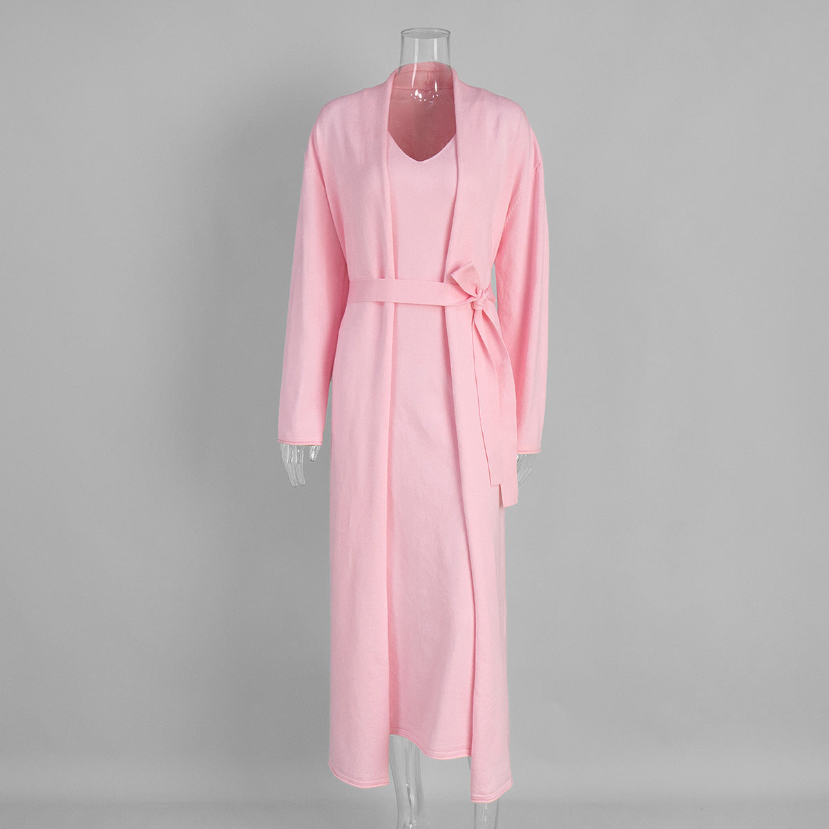 Long Belted Knit Cardigan & Maxi Slip Dress Set in Baby Pink — front view