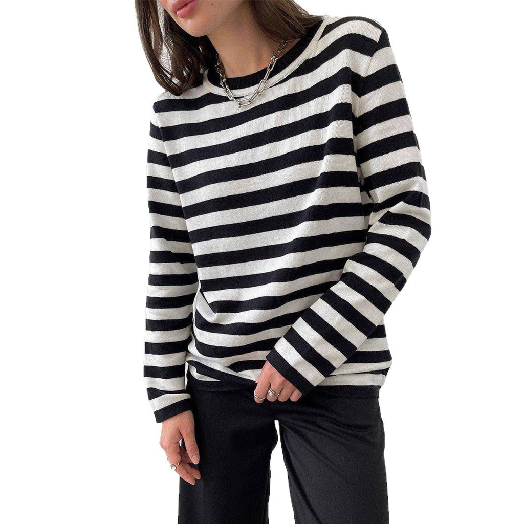 Relaxed Striped Crew Neck Sweater in Black Stripe — on model with black pants