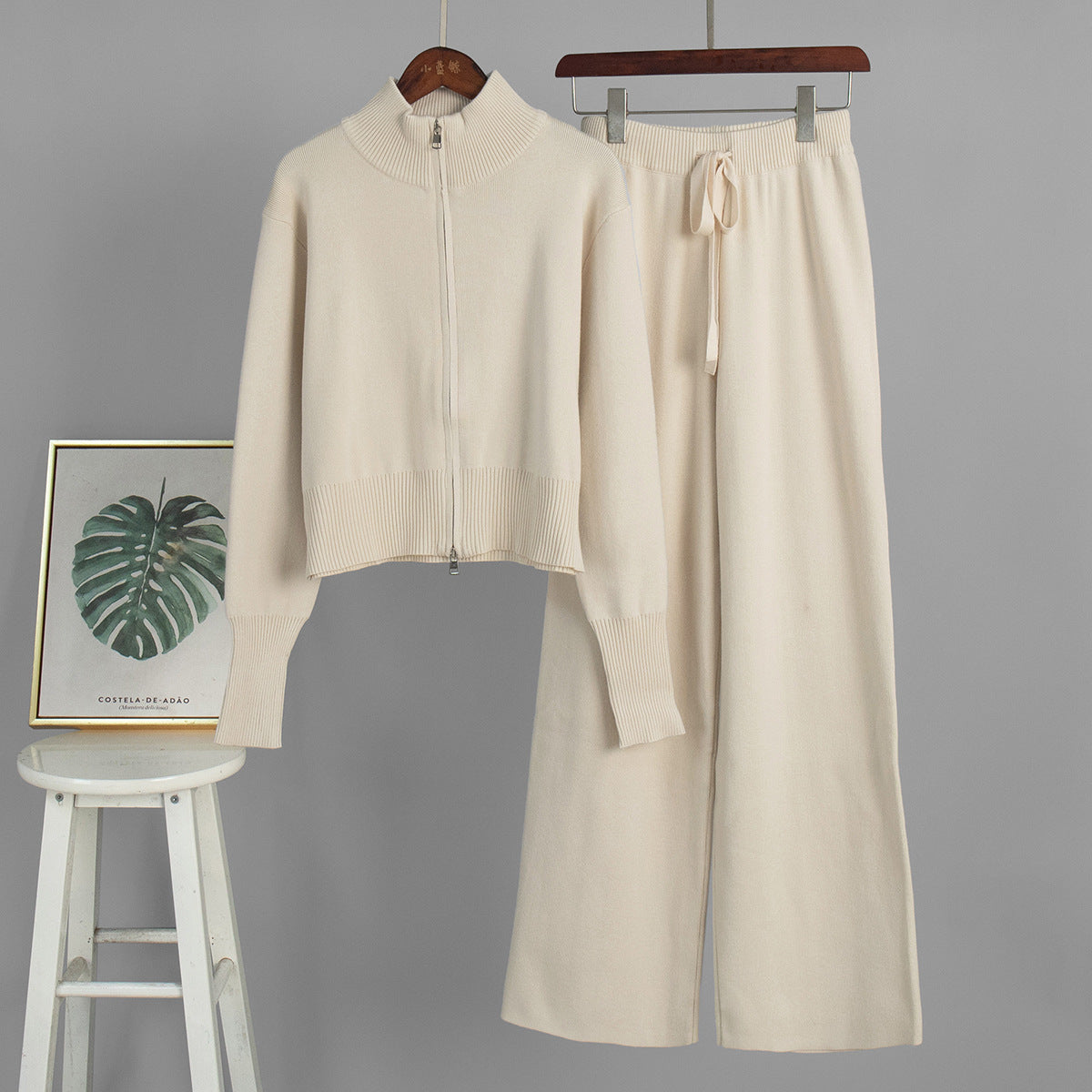 Knit Zip-Up Jacket & Wide-Leg Pants Two-Piece Set in Oatmeal — front view
