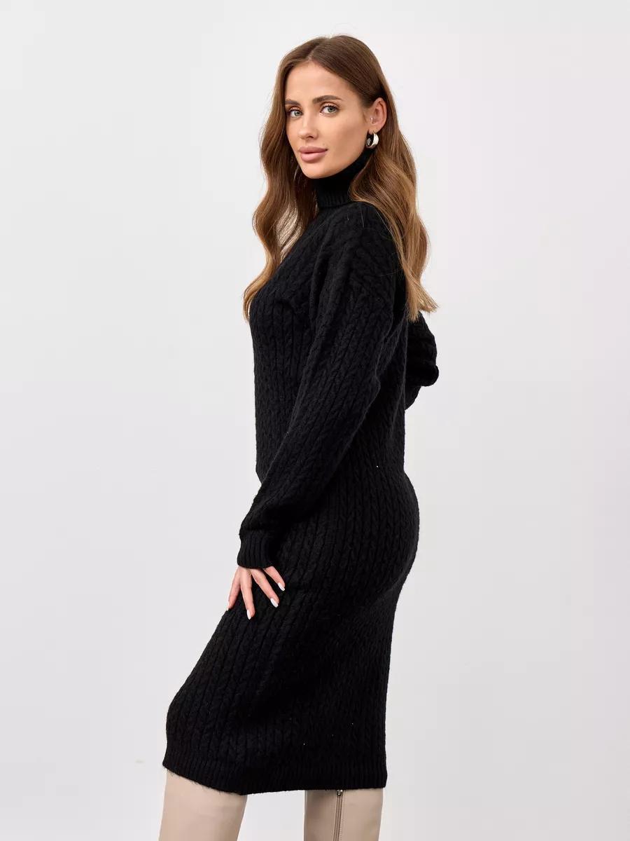 Turtleneck Cable-Knit Midi Sweater Dress in Black — side view on model