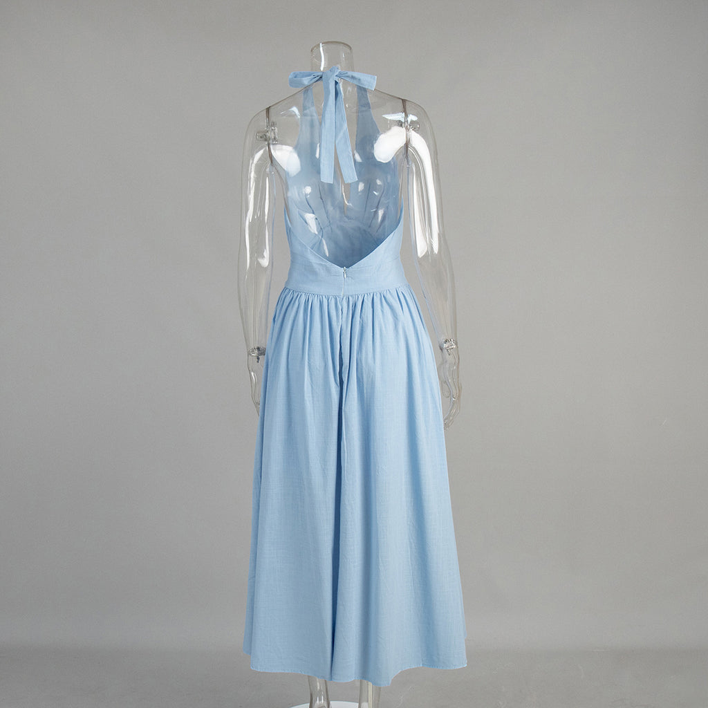 Cotton Halter V-Neck Maxi Dress in Sky Blue — back view on mannequin