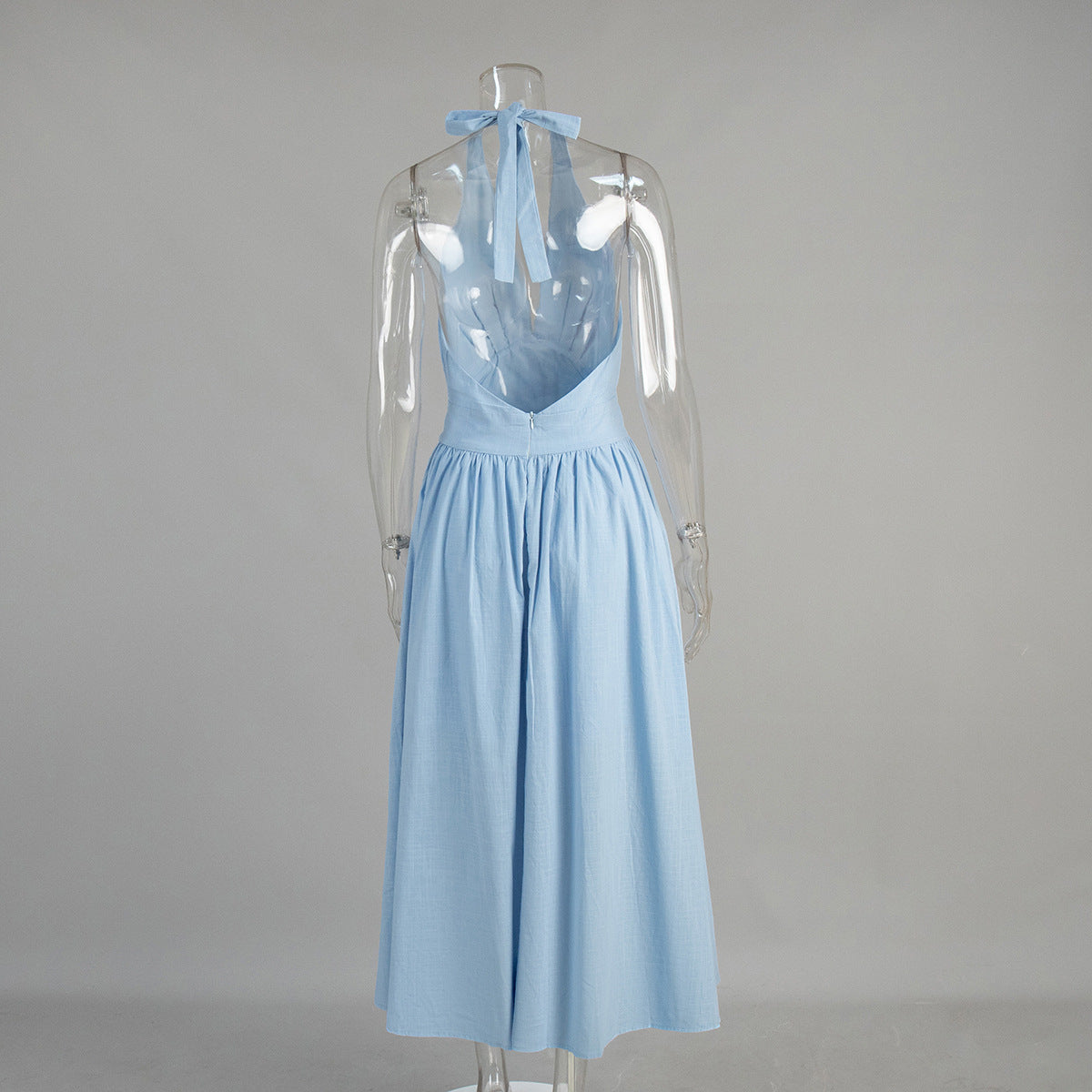 Cotton Halter V-Neck Maxi Dress in Sky Blue — back view on mannequin