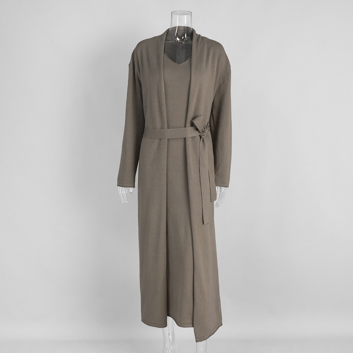 Long Belted Knit Cardigan & Maxi Slip Dress Set in Mocha — front view