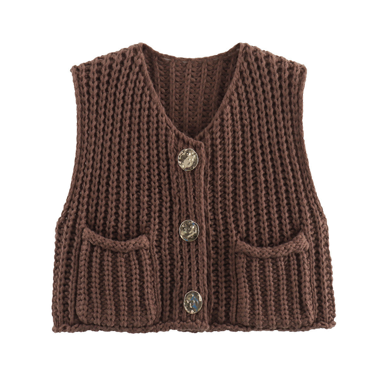 Gold-Button Chunky Knit Vest in Brown — flat front view