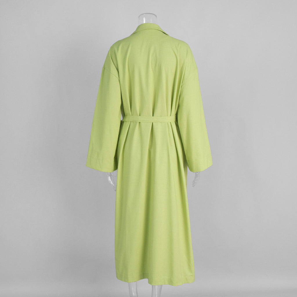 Linen-Blend Long Wrap Duster Dress in Lime Green — back view on mannequin