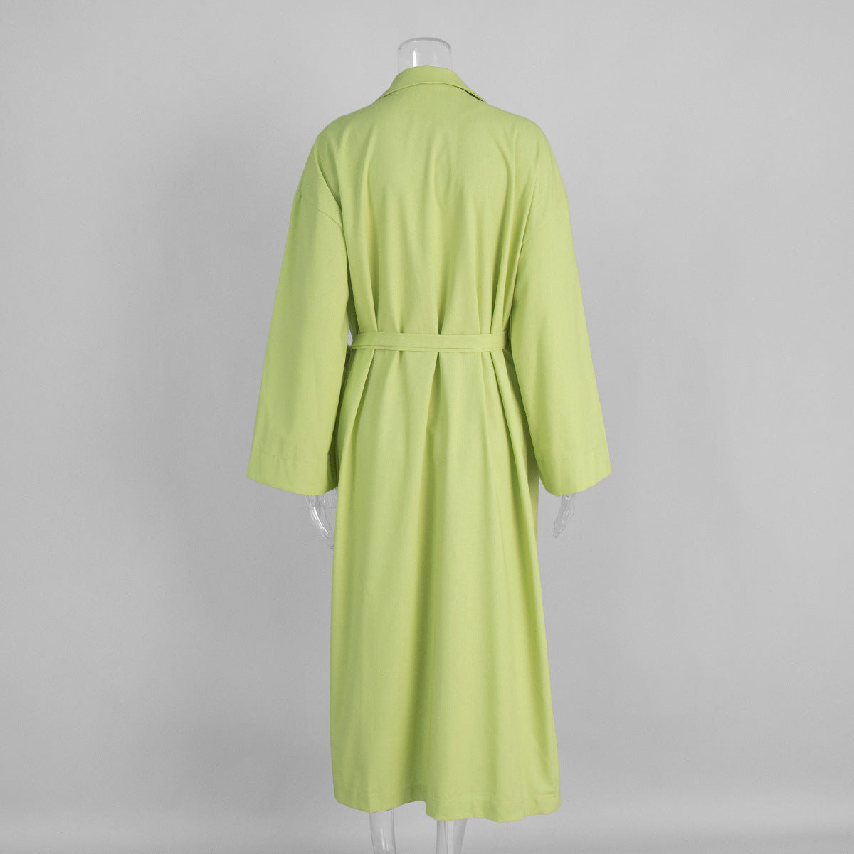 Linen-Blend Long Wrap Duster Dress in Lime Green — back view on mannequin