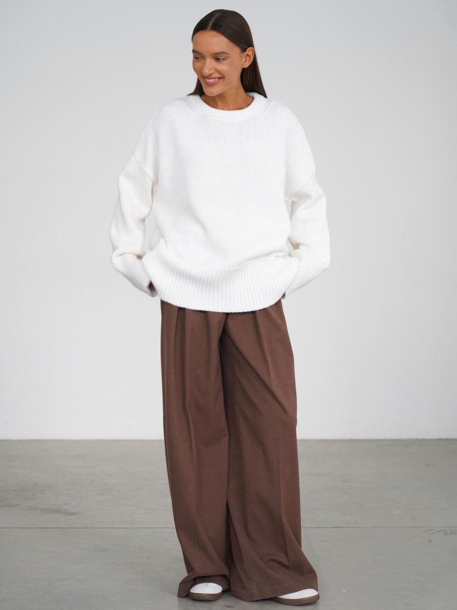 Slouchy Oversized Crew Neck Sweater in Ivory — full-length view with wide-leg trousers